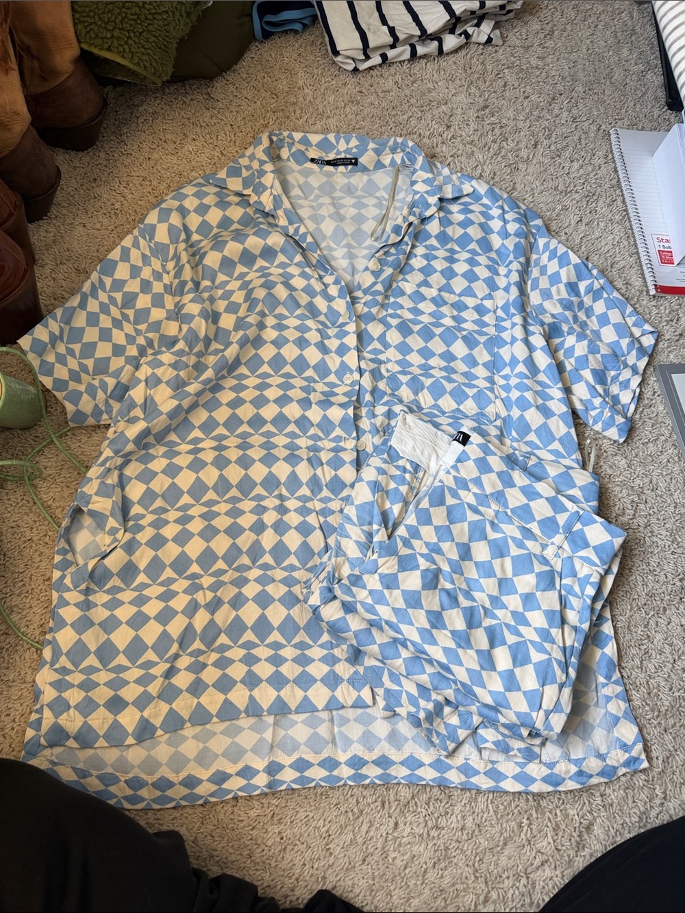 Zara Light Blue & White Diamond-Print Short Sleeve Shirt with Matching Pants